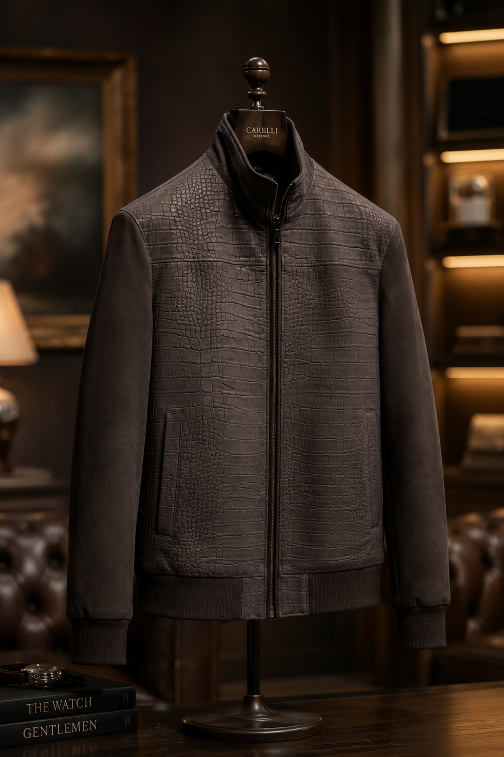 Bespoke crocodile leather jacket, designed by Master Marco and hand-crafted by Italian artisans for Carelli Bespoke