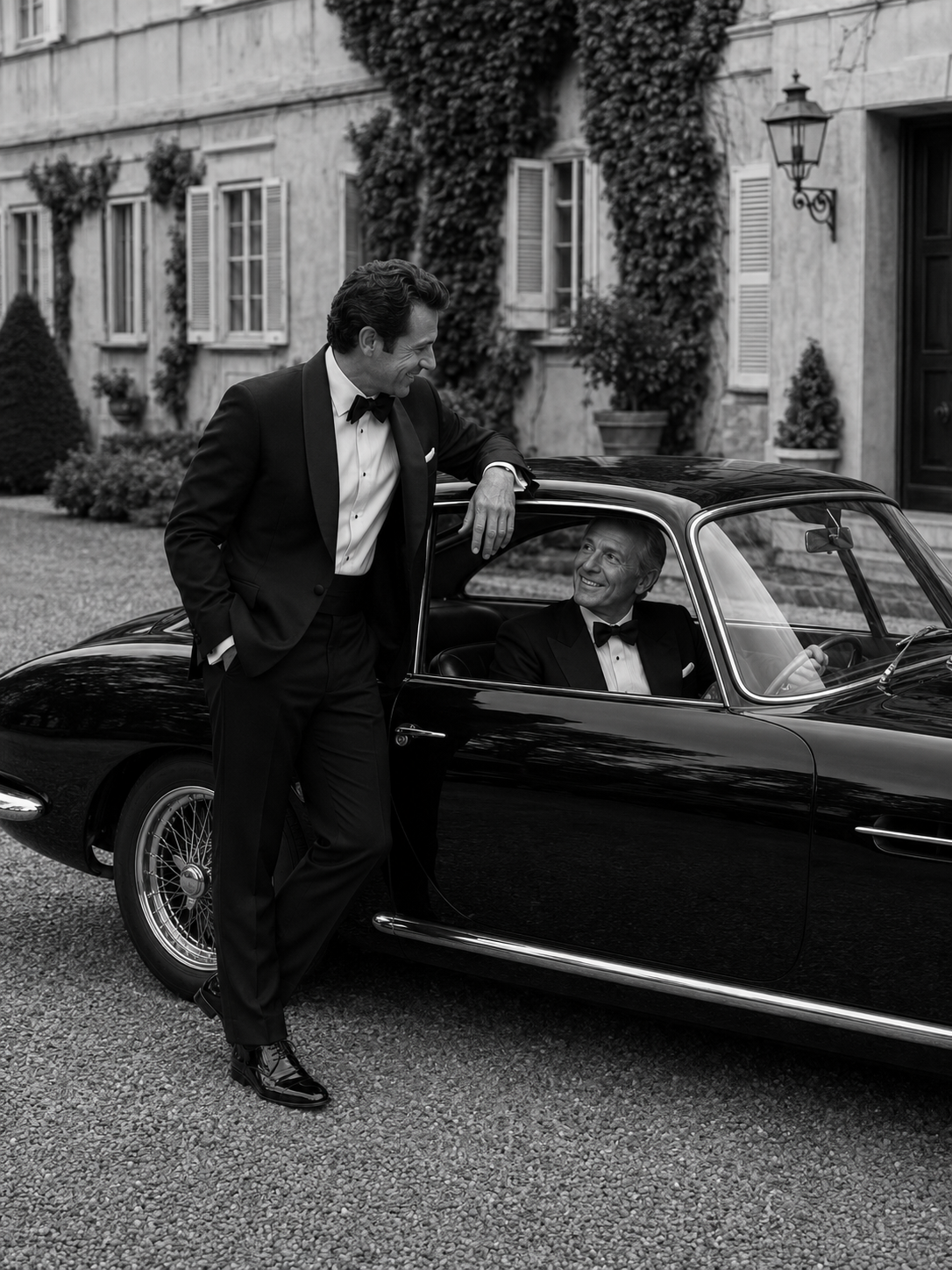 Two Carelli gentlemen at an Italian villa beside a vintage car